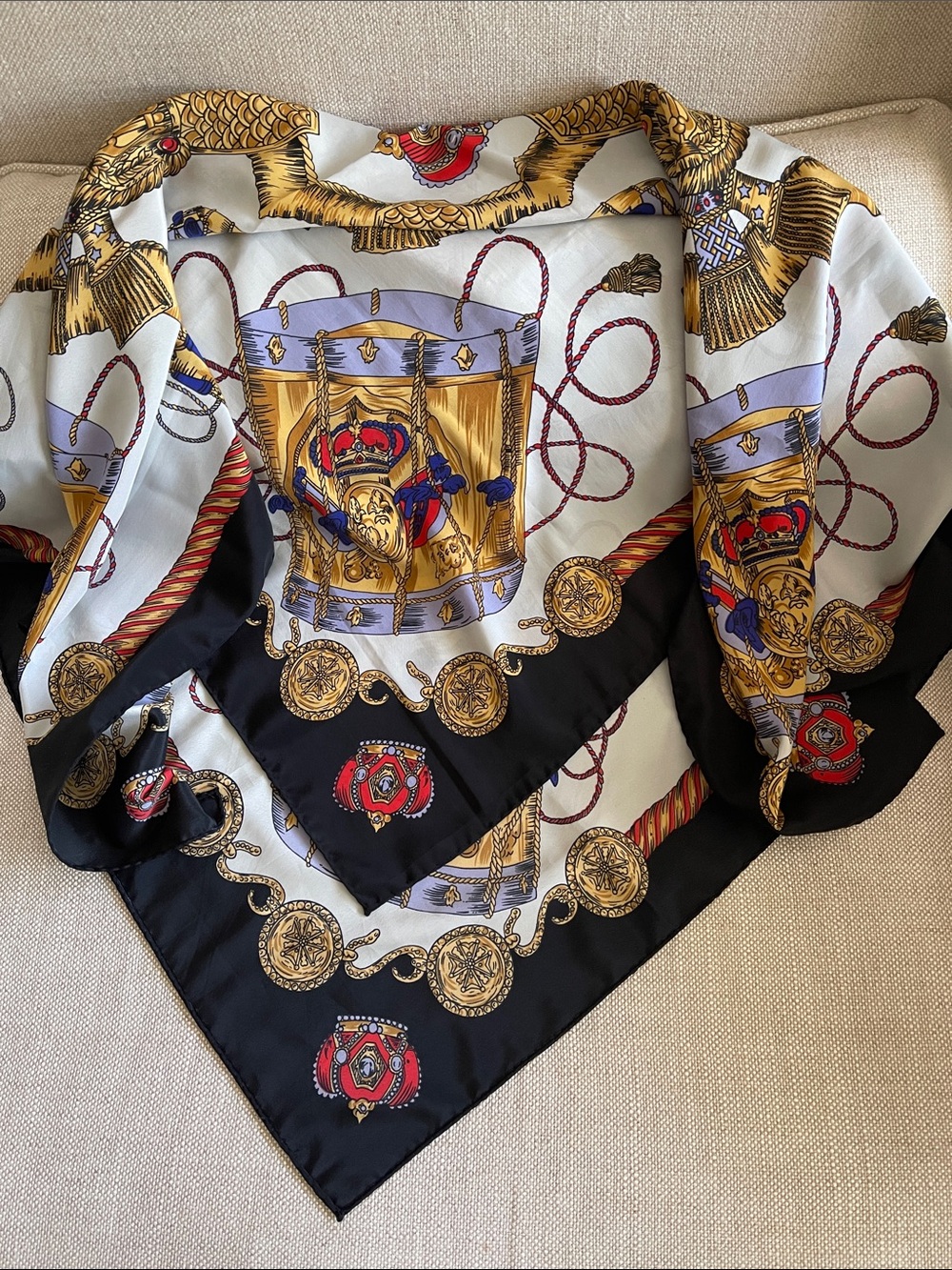 Luxury light blue Silk-Feel Scarf Wrap with Gold and Red Crest Print vintage